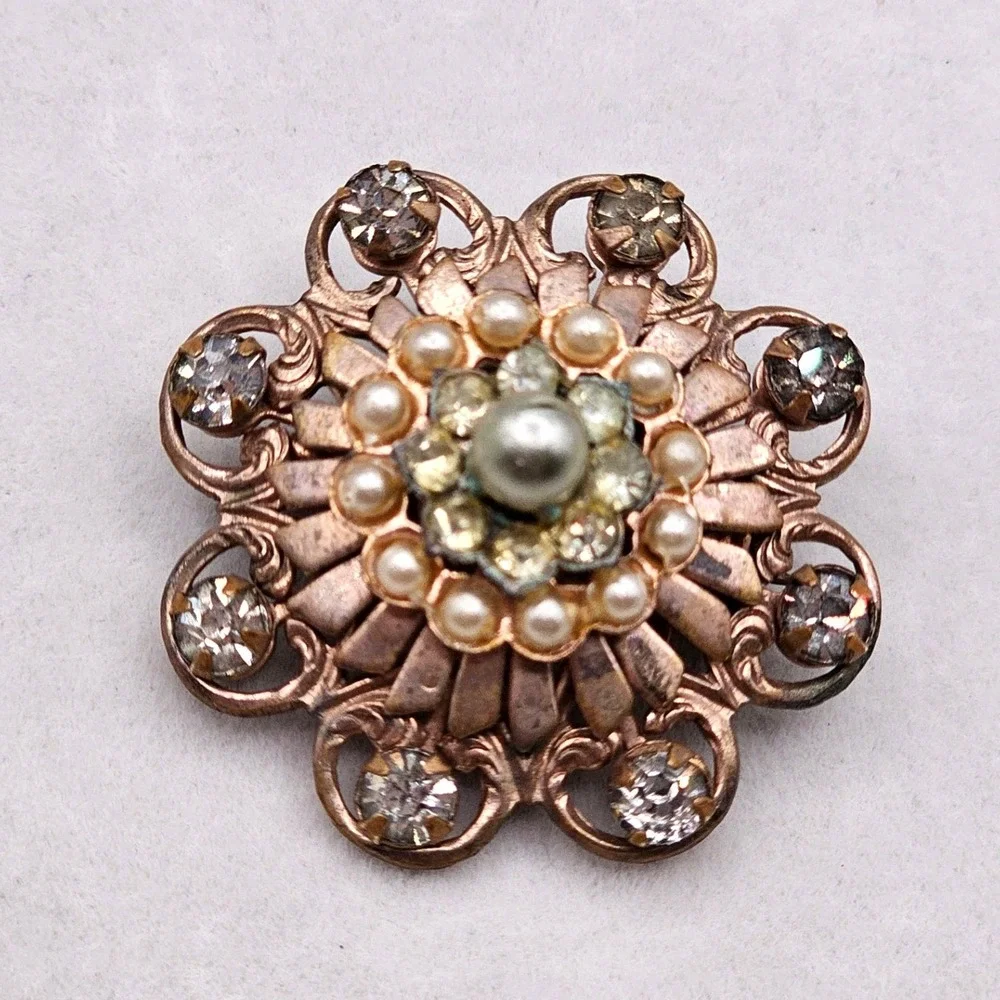 Vintage Brooch Pin Faux Pearl Rhinestone Copper Tone Flower Starburst Statement